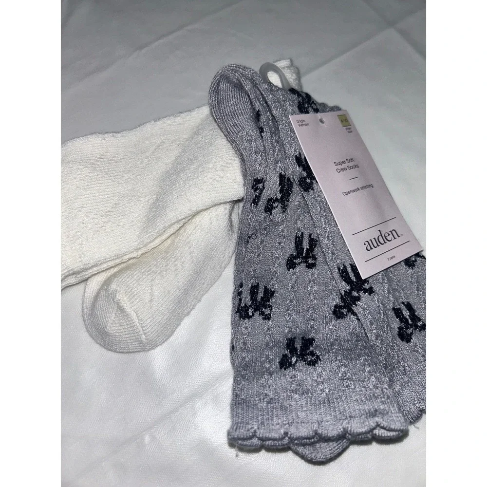 Auden Super Soft Crew Socks 2 Pack Grey Bow Pattern Cream Openwork Stitchin 4-10